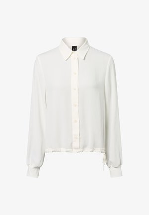 Witte blouse met lange mouwen, knoopsluiting en kraag, met een koord onderaan, voorzien van manchet-mouwen en een gladde, lichte stof.