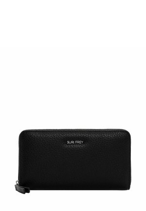 Black leather wallet with a textured finish, zip closure, and a side strap. Features silver branding "SURI FREY" on the front.