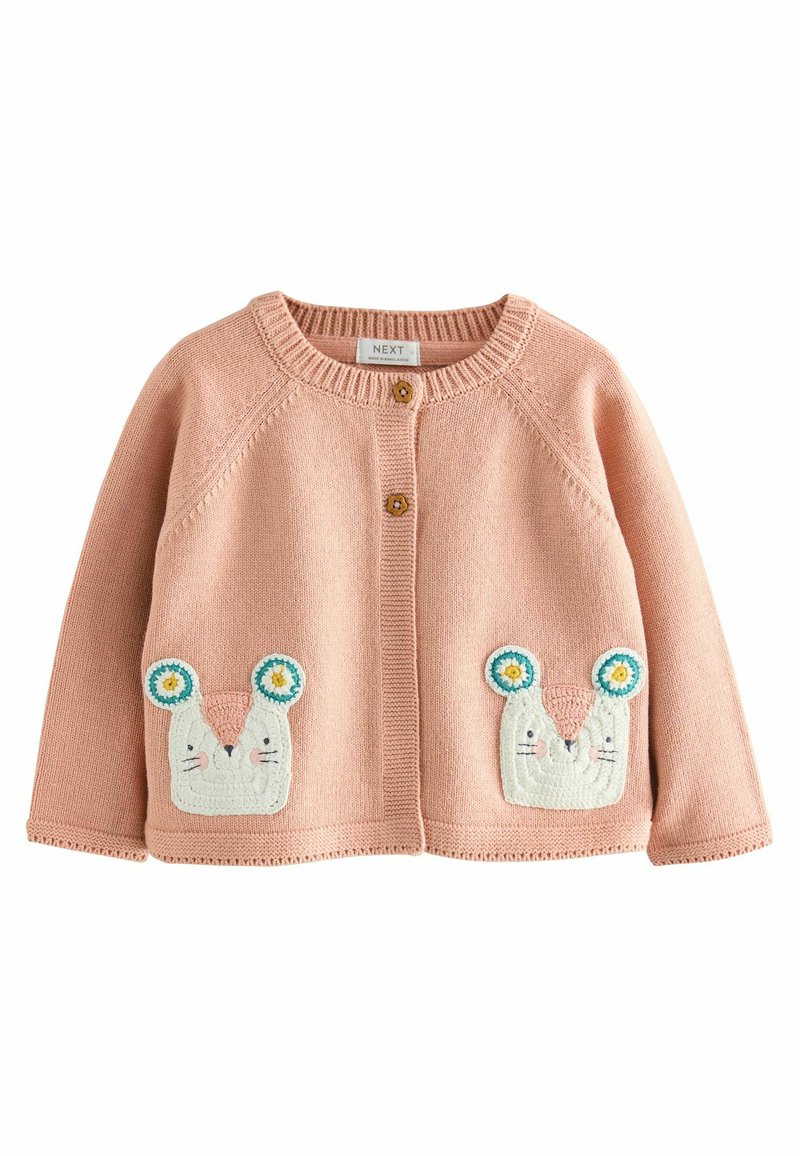 Lichtroze gebreide cardigan met ronde halslijn, sluiting met knopen aan de voorkant en geborduurde muizendesigns met bloemaccenten op de zakken.