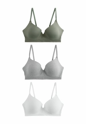 Trīs bezšuvju bezvadu krūšturi ar regulējamām lencītēm olīvu zaļā, gaiši pelēkā un baltā krāsā, attēloti sakārtoti vertikālā virknē uz balta fona.