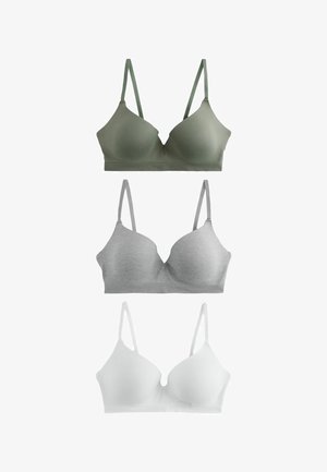 Trīs bezšuvju bezvadu krūšturi ar regulējamām lencītēm olīvu zaļā, gaiši pelēkā un baltā krāsā, attēloti sakārtoti vertikālā virknē uz balta fona.