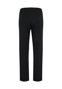 Pantalon noir, extensible, avec une taille élastique, coupe droite et texture douce. Pas de poches visibles ni d'ornements.