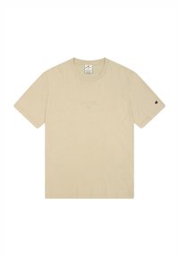 Beige katoenen t-shirt met een ronde hals, korte mouwen en een subtiele geborduurde 'Champion' logo op de voorkant. Geribbelde kraag. 