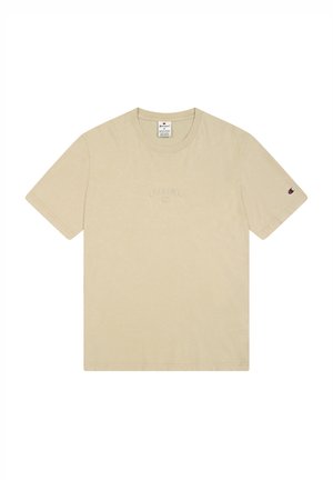 Beige Baumwoll-T-Shirt mit Rundhalsausschnitt, kurzen Ärmeln und dezentem, auf der Vorderseite gesticktem "Champion"-Logo. Gerippter Kragen.