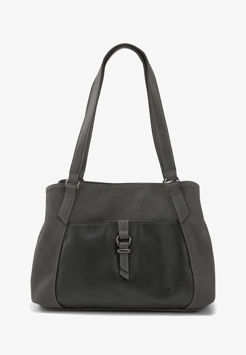 Sac à main en cuir gris avec une finition texturée, design décontracté et poche avant de couleur gris foncé contrastante. Équipé de deux courroies d'épaule robustes.