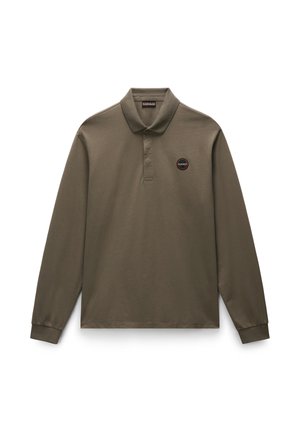 Long-sleeve olive green polo shirt made of soft cotton. Features a collared neck and a circular logo patch on the chest.
