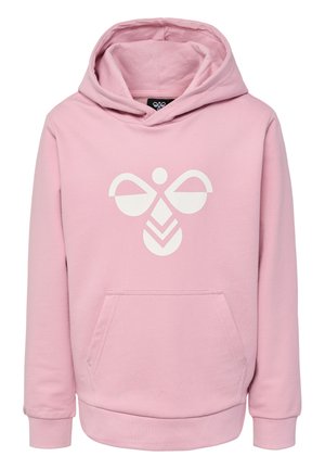 Pink hooded sweatshirt made of soft fabric, featuring a large white graphic logo on the front, kangaroo pocket, and ribbed cuffs.
