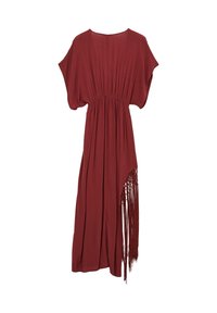 Red, flowy dress made of lightweight fabric, featuring short batwing sleeves and a side adorned with tassels for added texture.
