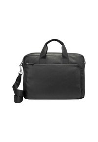 Borsa per laptop in pelle nera con due manici superiori e tracolla removibile. Presenta una tasca frontale con zip e una texture liscia.