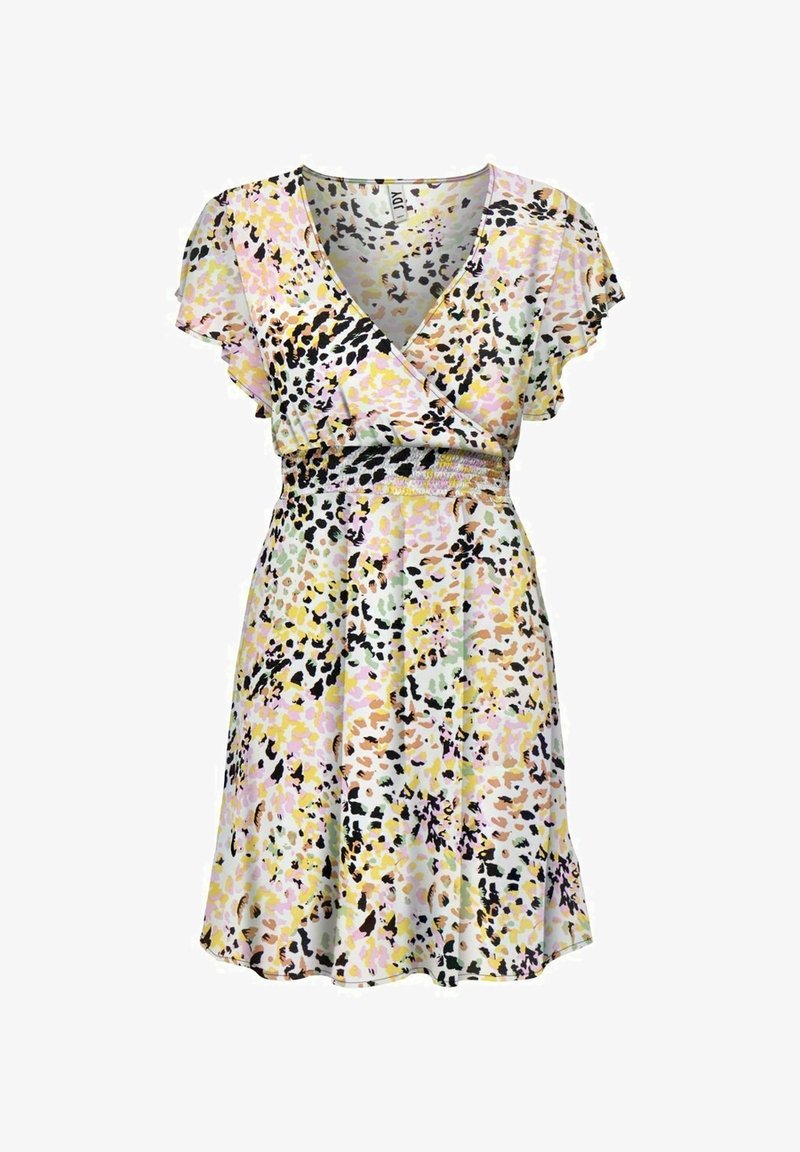 Robe portefeuille à manches courtes avec taille cintrée, présentant un imprimé léopard abstrait multicolore dans des tons pastel et noir.