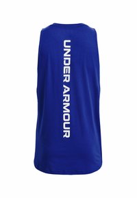 Blaues ärmelloses Sportshirt aus leichtem Material, mit dem vertikal in fetten weißen Buchstaben auf dem Rücken gedruckten "UNDER ARMOUR".