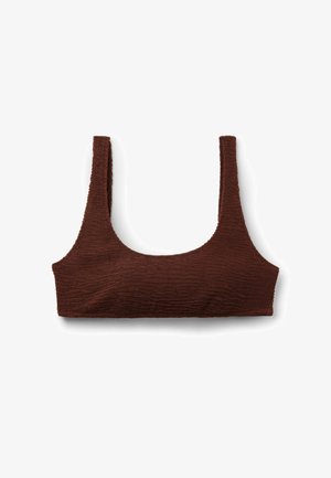 Top corto in tessuto marrone testurizzato con ampie spalline e scollatura a U, disteso su uno sfondo bianco.