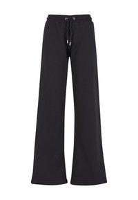 Black wide-leg sweatpants made of soft fabric, featuring an elastic waistband with drawstring and pockets. Smooth texture, no patterns.