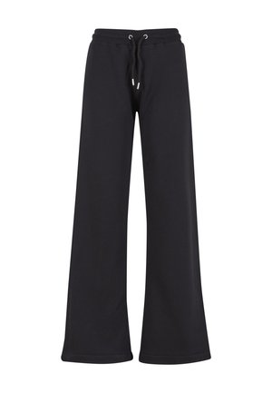 Schwarze Sweatpants mit weitem Bein aus weichem Stoff, mit elastischem Bund und Kordelzug sowie Taschen. Glatte Textur, ohne Muster.