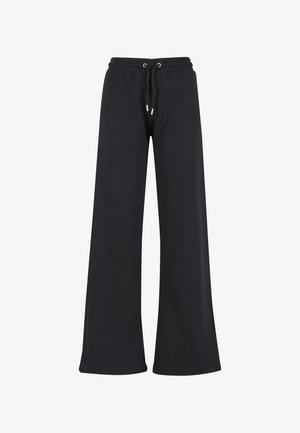 Schwarze Sweatpants mit weitem Bein aus weichem Stoff, mit elastischem Bund und Kordelzug sowie Taschen. Glatte Textur, ohne Muster.