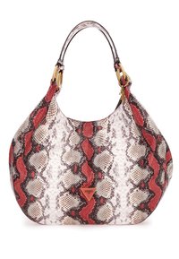 Sac à main à motif serpent dans des nuances de blanc, rouge et noir, de forme arrondie et avec une seule bandoulière dotée de quincaillerie dorée.