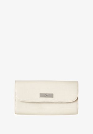 Portefeuille blanc gaufré crocodile avec une fermeture en métal argenté et un design plat, présentant une texture lisse et des détails de couture minimalistes.