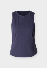 Αμάνικο σκούρο μπλε αθλητικό τοπ με δίχτυ σε πάνελ στους ώμους και καμπυλωτές ραφές στο μπροστινό μέρος.