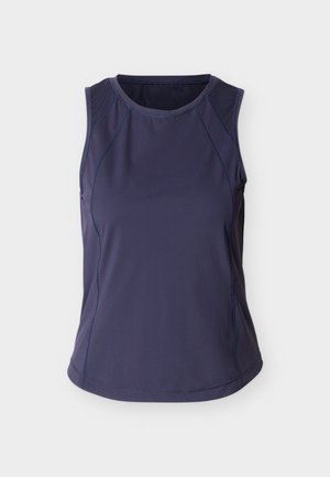 Αμάνικο σκούρο μπλε αθλητικό τοπ με δίχτυ σε πάνελ στους ώμους και καμπυλωτές ραφές στο μπροστινό μέρος.