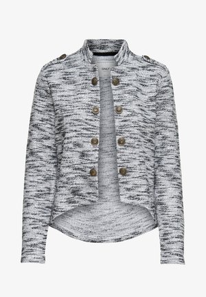 Cardigan lavorato a maglia grigio e bianco con bottoni in ottone sulla parte frontale, epaulette con bottoni sulle spalle, collo alto e orlo curvo.