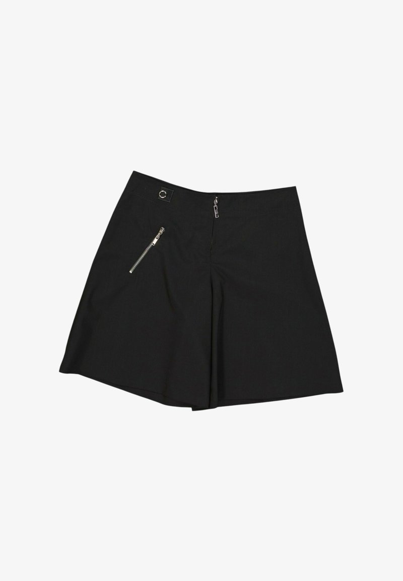 Jupe noire trapèze avec fermeture éclair sur le devant et une poche zippée diagonale sur le côté gauche.