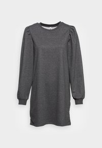 Vestido cinza de manga longa feito de tecido macio, com detalhes nos ombros em puff e um ajuste relaxado. Decote redondo e punhos canelados.