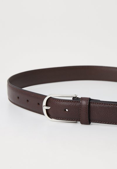 Brown leather belt with a textured finish, a silver-tone metallic buckle, and several adjustment holes along the strap.