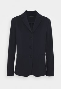 Blazer navy de tejido suave, con solapa muesca, cuatro botones frontales y dos bolsillos delanteros. Diseño simple y entallado.