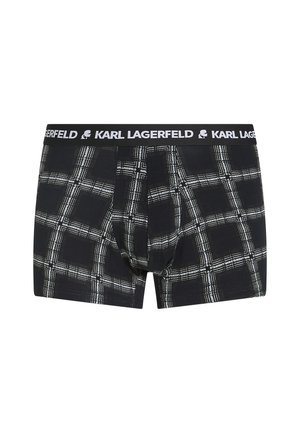 Juoda bokso apatiniai su balta tinklelio raštu ir "Karl Lagerfeld" tekstu ant juosmens bei tinklelio linijose per audinį.