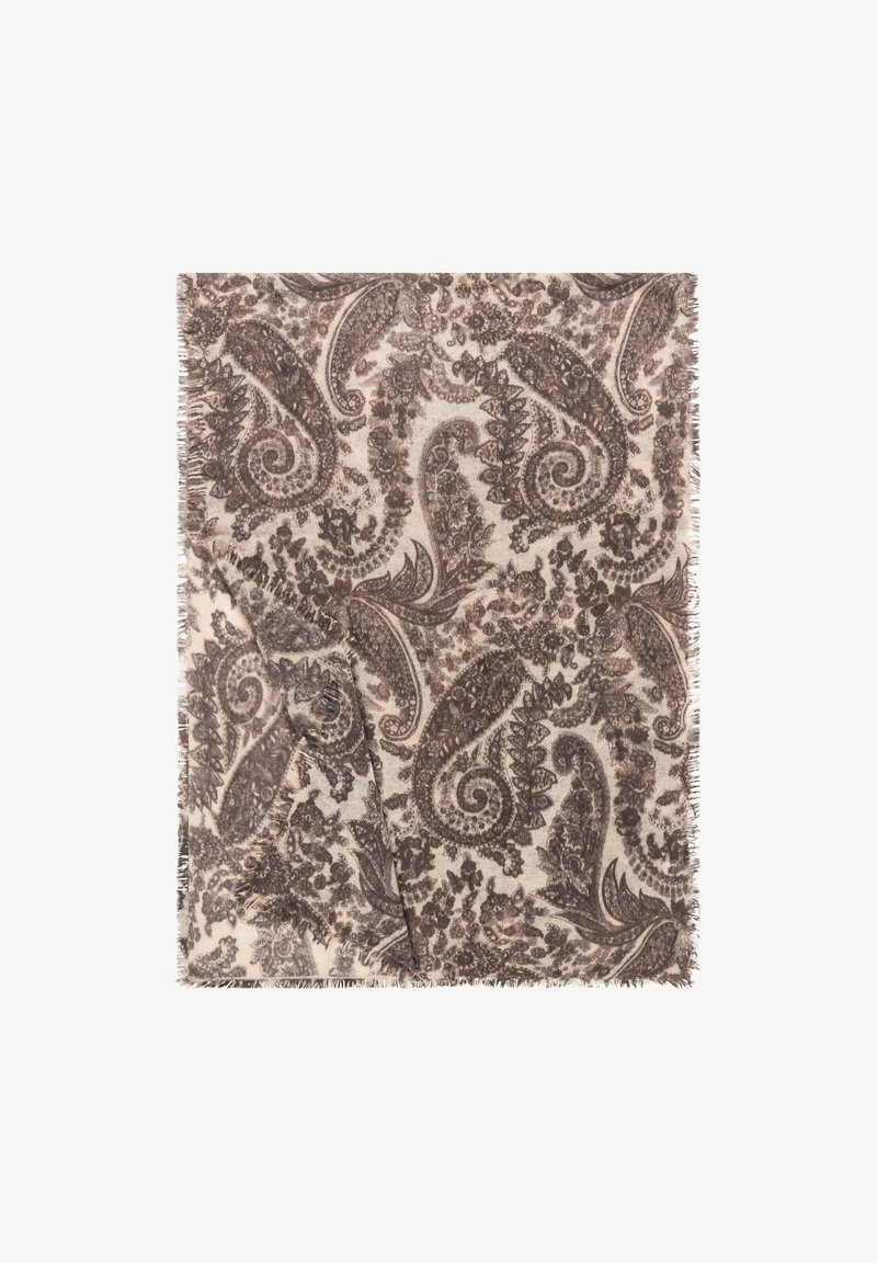 Brown and cream paisley patterned blanket with a soft texture and fringed edges. Features intricate floral and swirl designs throughout.