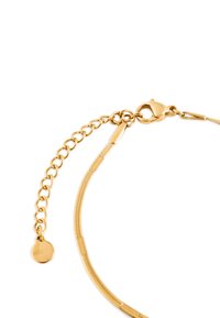 Náhrdelník so zlatým tónom, ktorý má plochý retiazkový dizajn pripomínajúci hadí vzor s karabínovým zapínaním a nastaviteľným predĺžením retiazky. Hladká textúra, minimálne zdobenie.