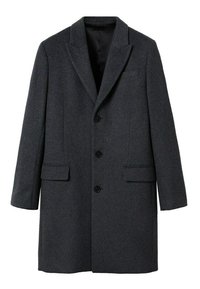 Dunkelgrauer Wollmantel mit Reverskragen, drei vorderen Knöpfen, zwei seitlichen Taschen und geradem Schnitt. Glatte Textur, klassisches Design.