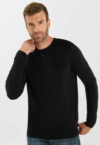Uomo con capelli corti castani e barba, che indossa un maglione nero a maniche lunghe, mentre posa con una mano vicino al collo e l'altra sui fianchi.