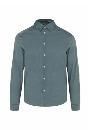 Heren overhemd met lange mouwen en knopen, met smalle witte en donkere verticale strepen en een puntige kraag.