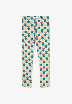 Mønstret leggings med en cremefarvet baggrund med blå cirkler og orange-stribede firkanter i et gentaget design. Fremstillet af elastisk materiale.