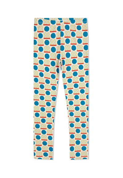 Mønstret leggings med en cremefarvet baggrund med blå cirkler og orange-stribede firkanter i et gentaget design. Fremstillet af elastisk materiale.