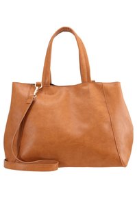 Vaaleanruskea nahkalaukku, jossa on kaksinkertaiset kahvat ja irrotettava olkahihna. Pintakuvioitu pinta ja tilava muotoilu avoimella ylhäällä. Ei näkyviä metallivaroja.