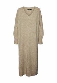 Robe en tricot beige avec un décolleté en V, des manches longues et une coupe décontractée. Texture douce, longueur mi-mollet avec des variations de couleur subtiles.