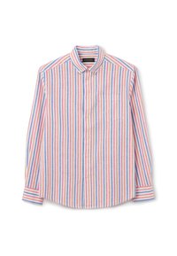 Camisa a rayas con rayas verticales rojas, azules y blancas, mangas largas, botón en la parte delantera y un solo bolsillo en el pecho. Fabricada con tejido ligero.