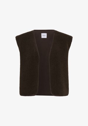 Dark brown sleeveless open-front fleece vest with a soft texture and a "Saint Tropez" label inside the collar.