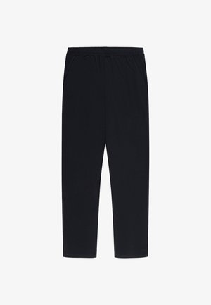 Czarne spodnie do kolan wykonane z miękkiej tkaniny z elastycznym pasem i dwoma bocznymi kieszeniami, charakteryzujące się gładką fakturą i prostym krojem.