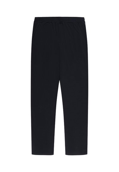 Czarne spodnie do kolan wykonane z miękkiej tkaniny z elastycznym pasem i dwoma bocznymi kieszeniami, charakteryzujące się gładką fakturą i prostym krojem.