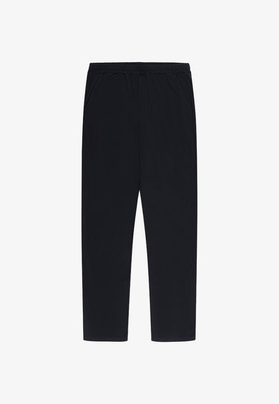 Czarne spodnie do kolan wykonane z miękkiej tkaniny z elastycznym pasem i dwoma bocznymi kieszeniami, charakteryzujące się gładką fakturą i prostym krojem.