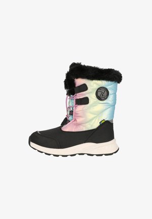 Mid-calf winter boot with a black fabric lower and iridescent upper. Features faux fur trim, three adjustable straps, and a white sole.