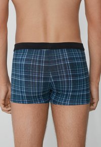 Mužský trup a horní část nohou oblečený v boxerkách s modro-zeleným kostkovaným vzorem a černým pasem, zobrazený zezadu.