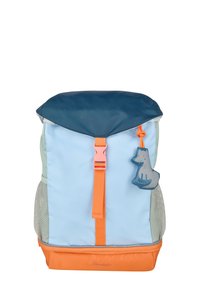 Children's backpack with blue, light blue, and orange panels, orange buckle strap, side mesh pockets, and a blue animal-shaped keychain.