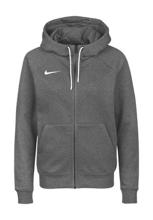 Donkergrijze hoodie met volledige rits, voorzakken, witte koordjes, geribbelde manchetten en een wit Nike-logo op de linkerborst.