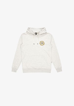 Hellgrau Hoodie aus weichem Material. Mit einer Kängurutasche auf der Vorderseite, einer Kapuze mit Zugband und einem runden gelben Grafikdesign auf der Brust.