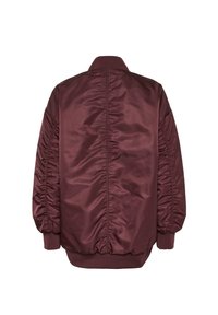 Burgundy bomber jacket made of shiny satin with gathered sleeves, ribbed cuffs, and a smooth texture. Features a solid color and relaxed fit.