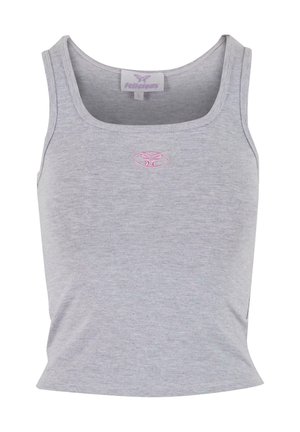Szary bezrękawnik wykonany z miękkiego materiału, z okrągłym dekoltem i małym różowym logo wyszytym z przodu.
